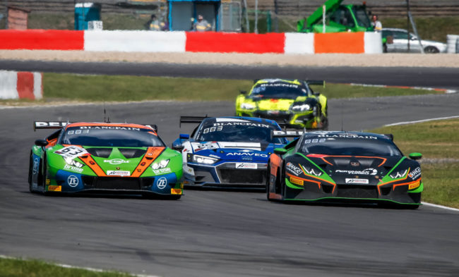 GTworldCH Nürburgring - RaceI P2 #63: Mirko Bortolotti, Christian Engelhart - P3 #25: Simon Gachet, Christopher Haase, P1 #563: Andrea Caldarelli, Marco Mapelli | © SRO